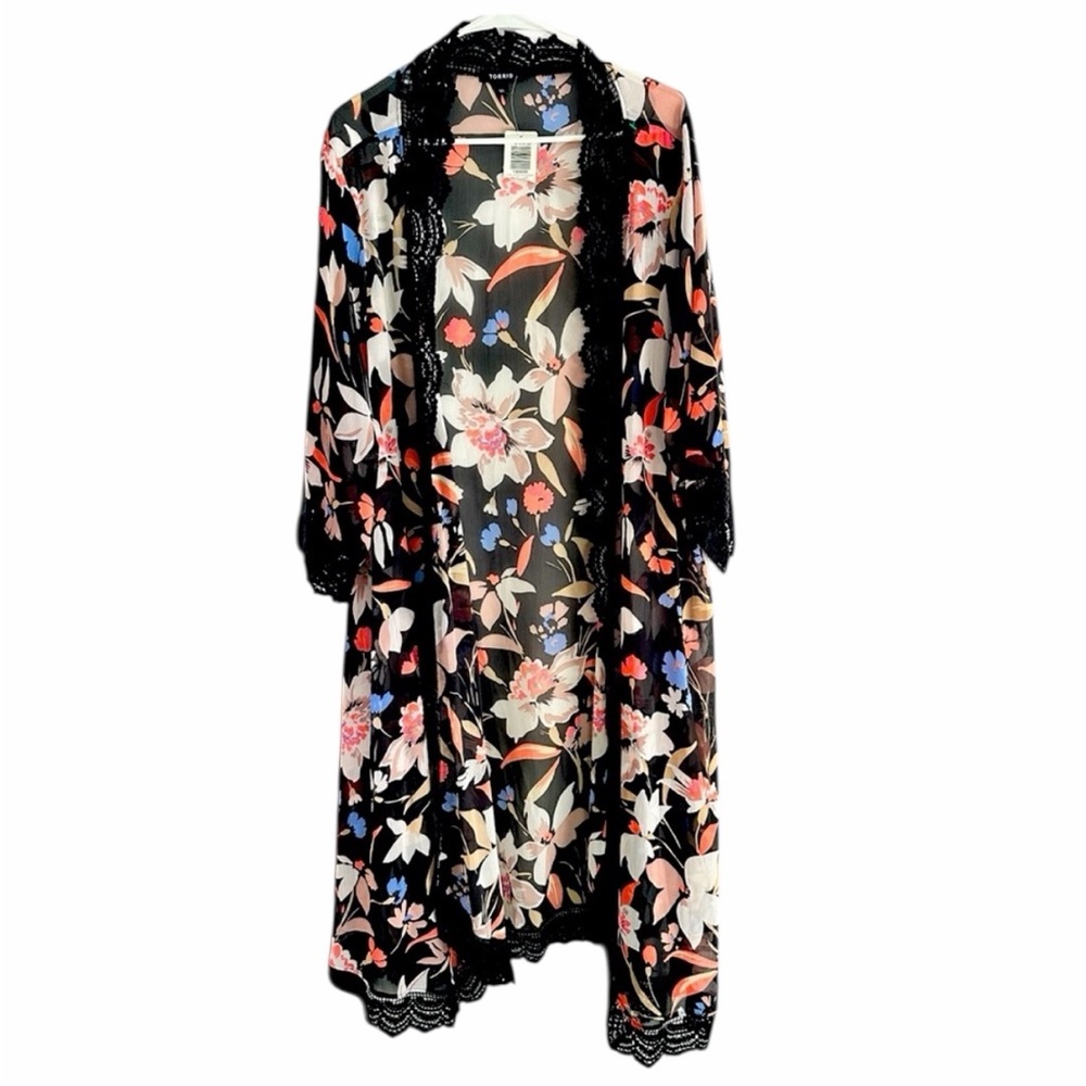 torrid Black Floral Sheer Lace-Trim Kimono